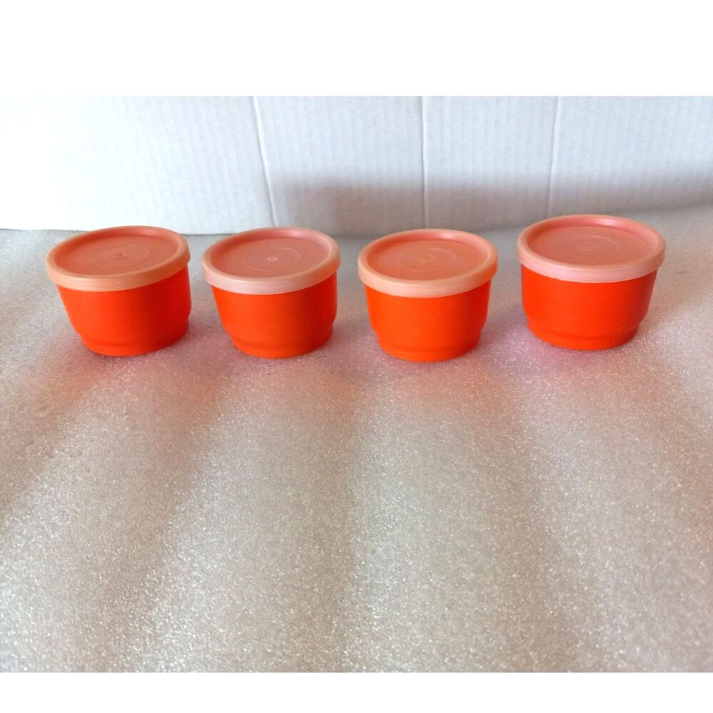 Set of 4 Vintage Orange Tupperware 4-Ounce 1229 Snack Cups with Sheer Lids